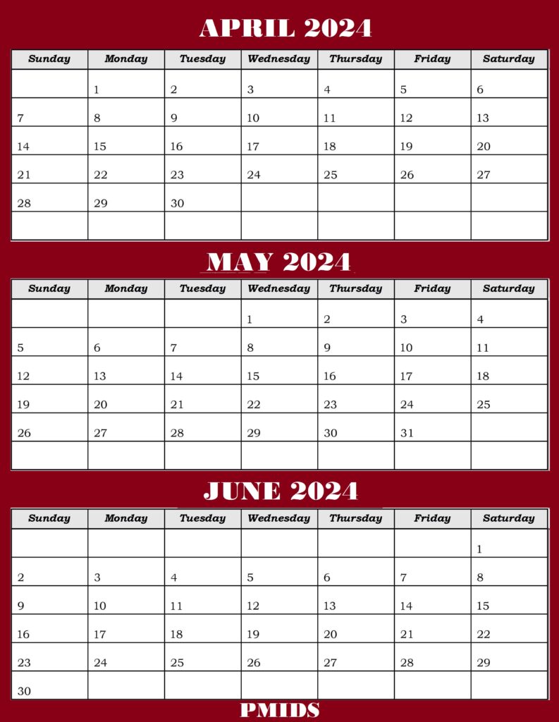 April To June 2024 Calendar PDF