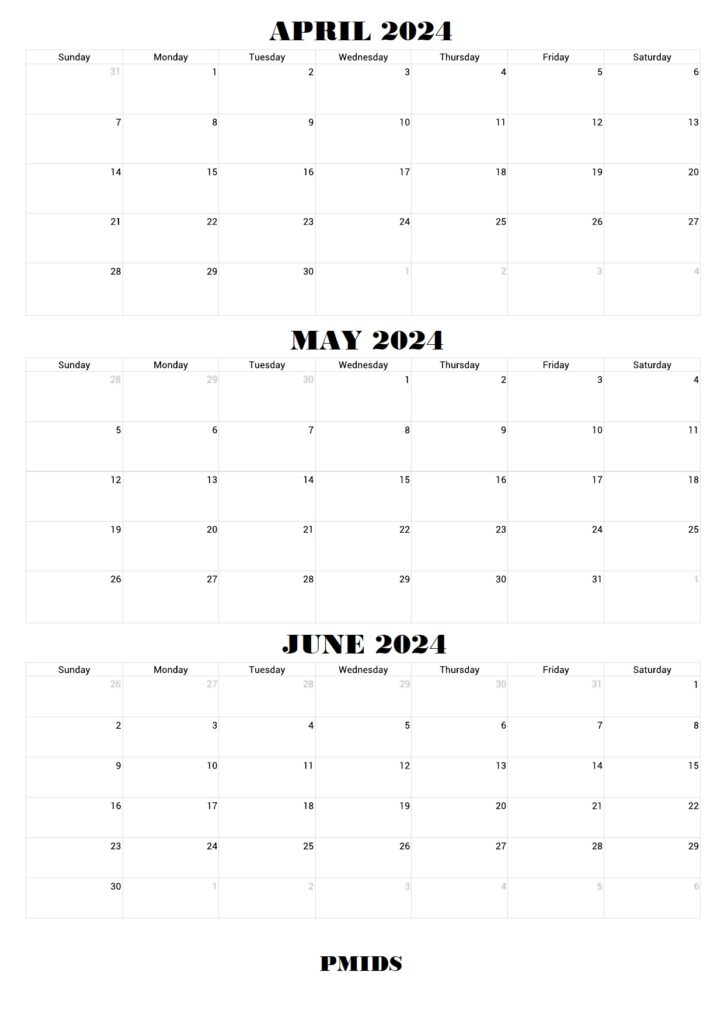 April To June 2024 Calendar Printable PDf