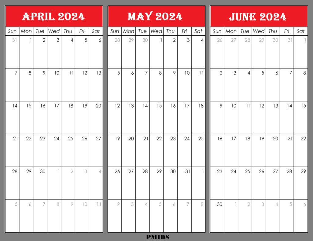 April To June 2024 Calendar Printable Template