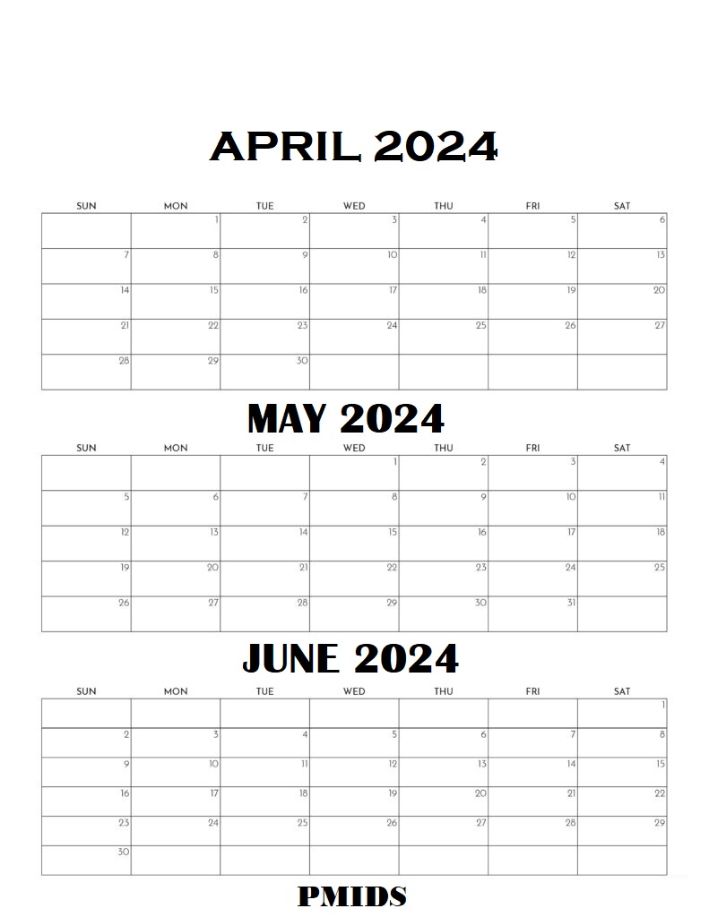 April To June 2024 Calendar Template