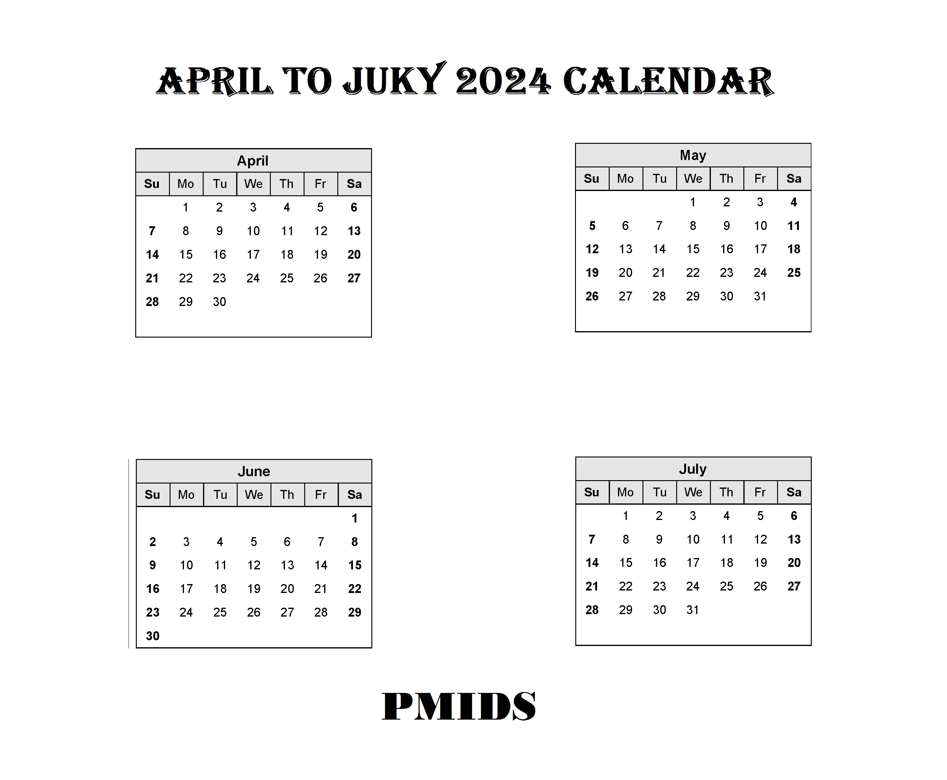 April to July 2024 Calendar Printable PDf