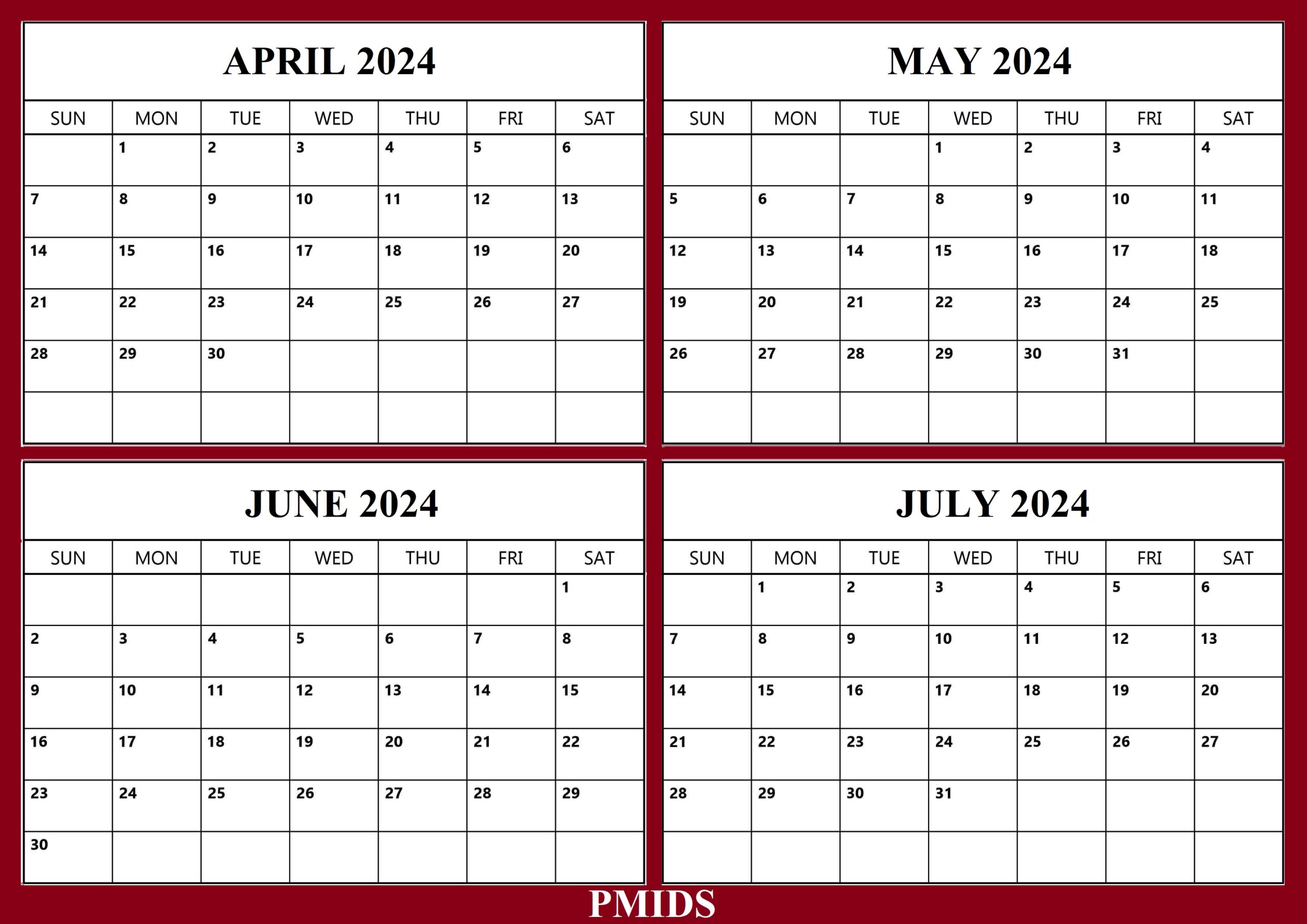 April to July 2024 Calendar Word