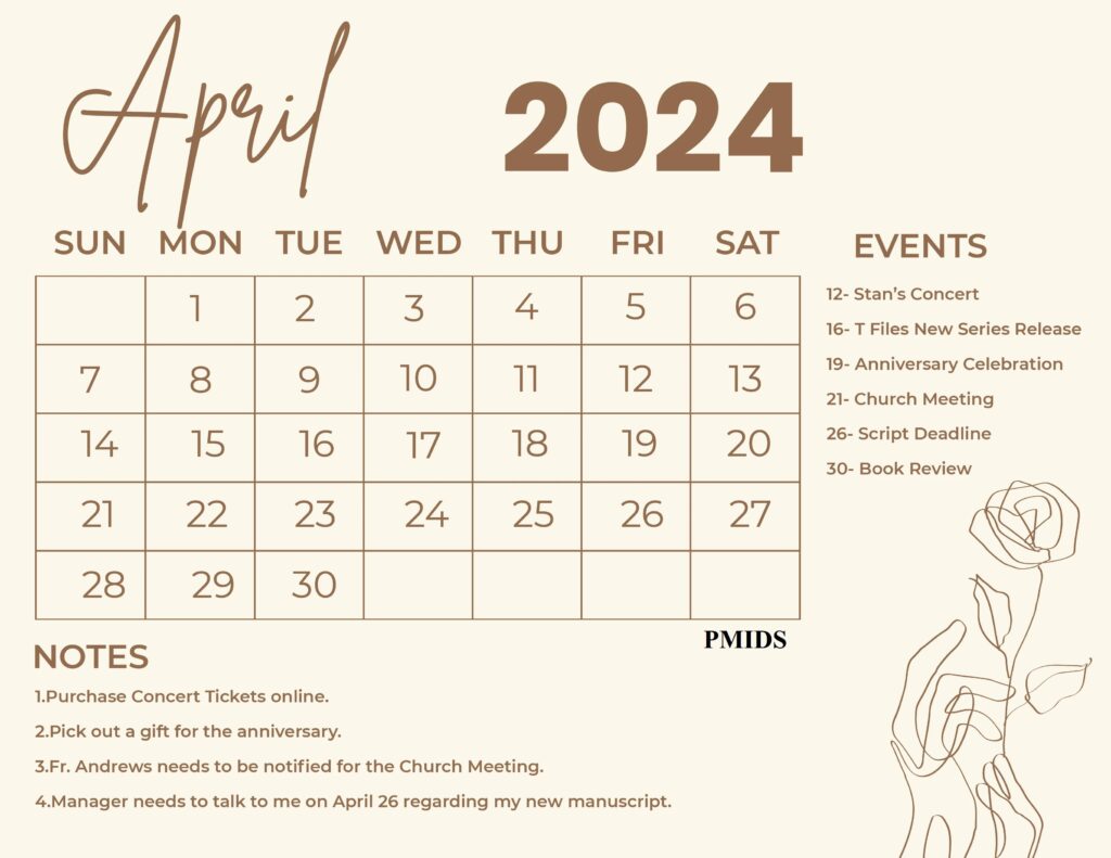 Cute April 2024 Calendar Floral Template