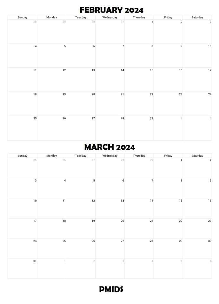 February & March 2024 Calendar Printable PDf