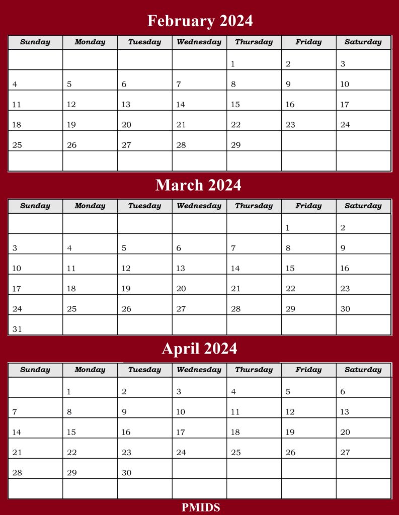 February To April 2024 Calendar PDF
