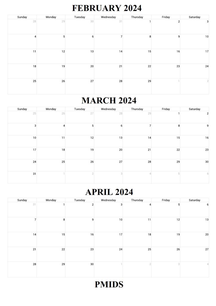 February To April 2024 Calendar Printable PDf