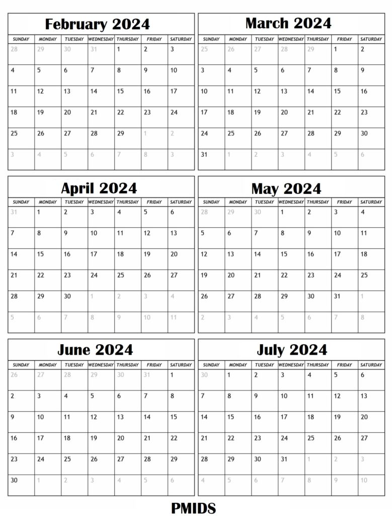 February To July 2024 Calendar Excel