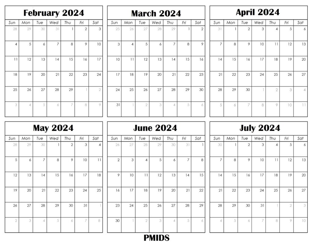 February To July 2024 Calendar Printable Template