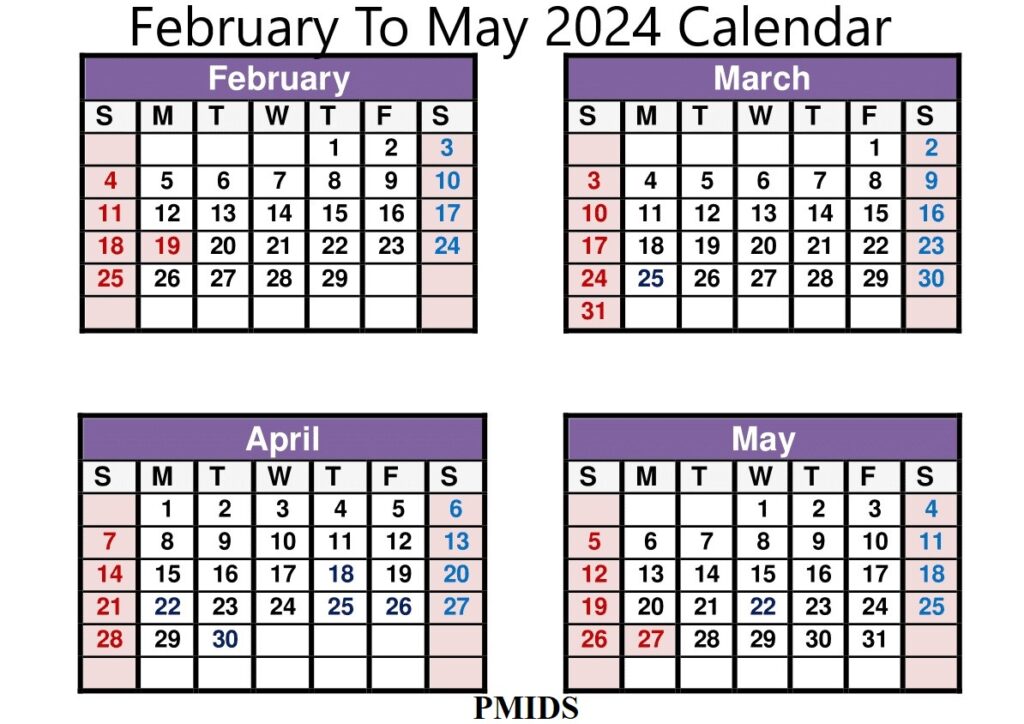 February To May 2024 Calendar Printable PDf