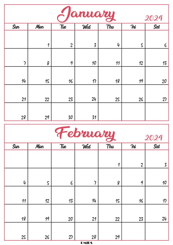 January & February 2024 Calendar Printable PDf