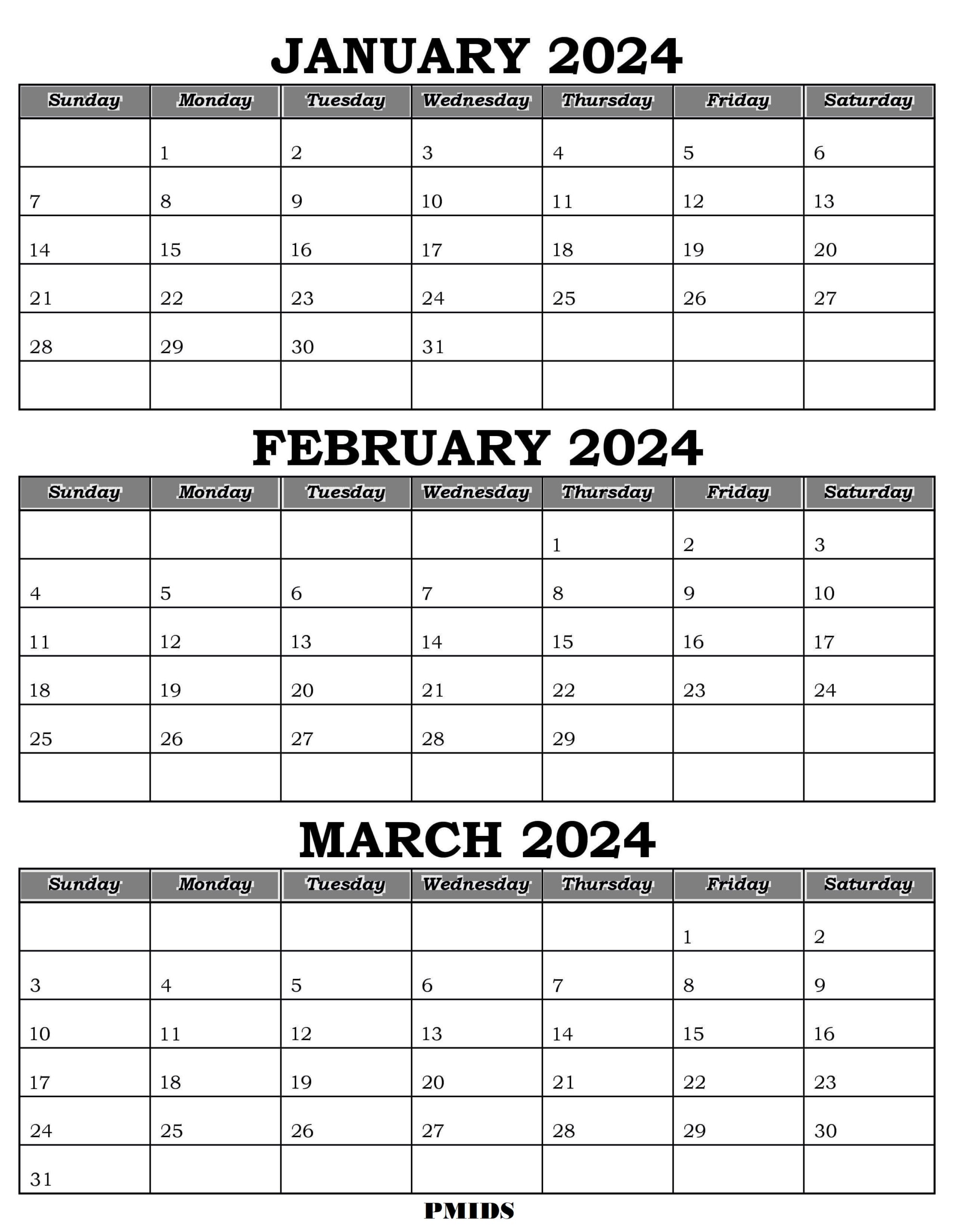 January To March 2024 Calendar PDF