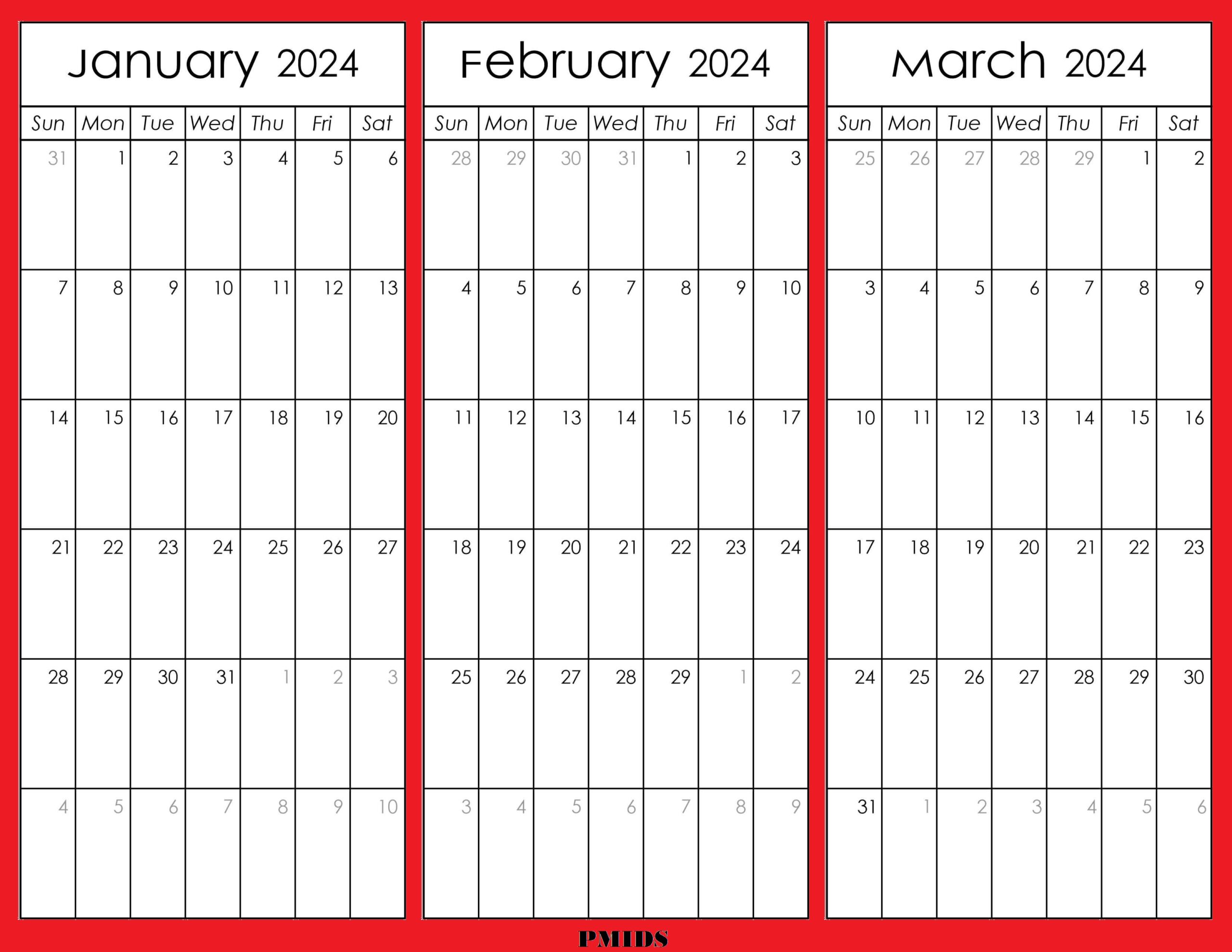 January To March 2024 Calendar Printable Template