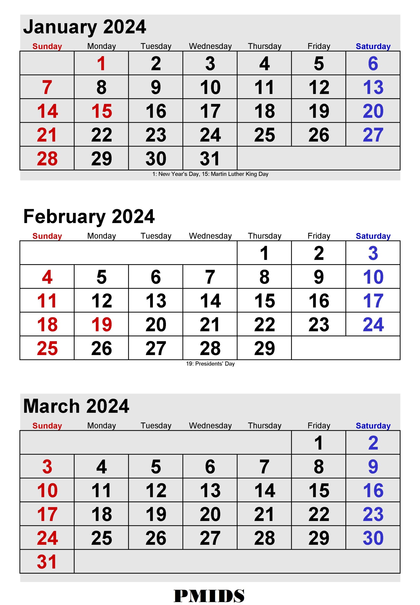 January To March 2024 Calendar Template