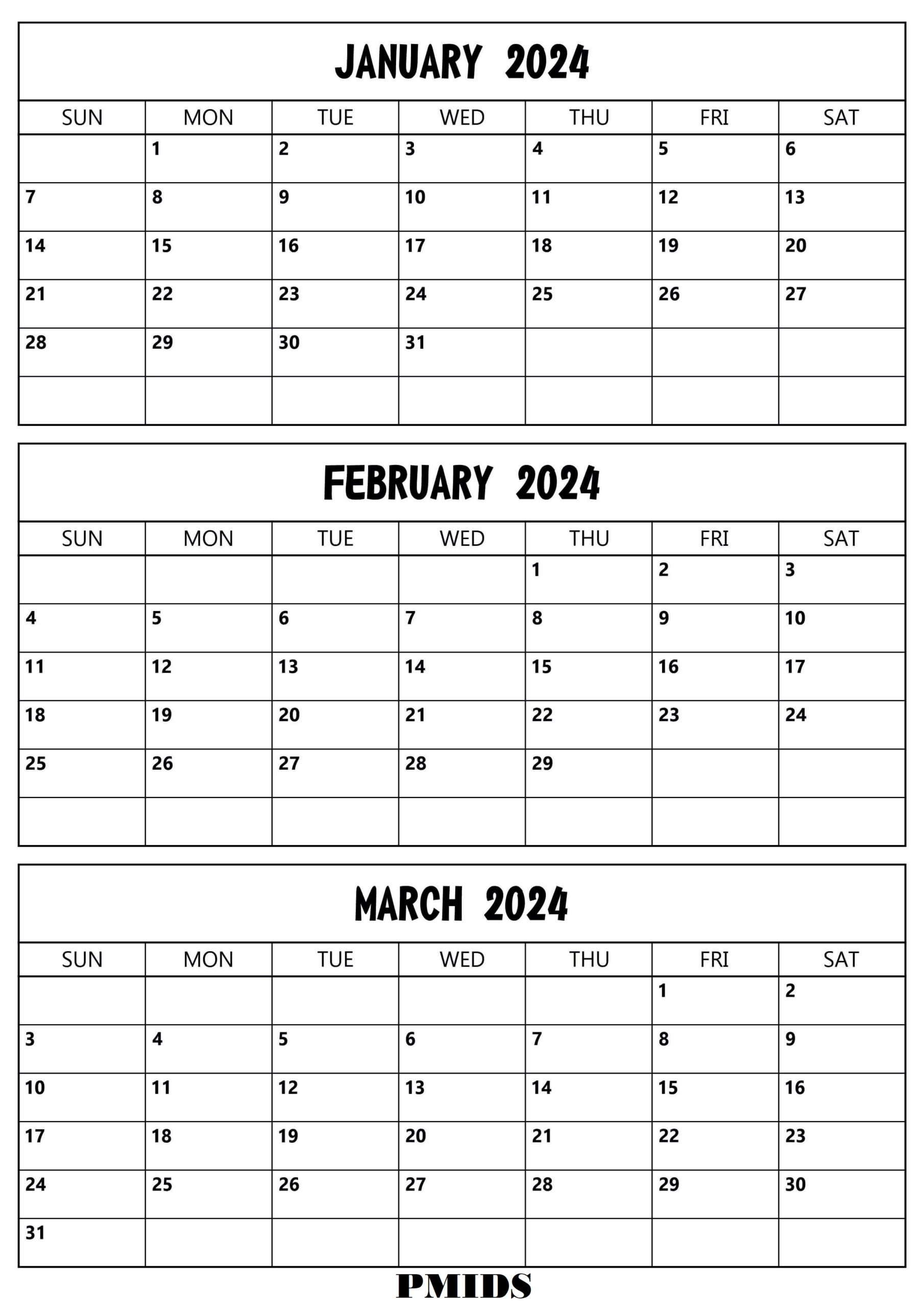 January To March 2024 Calendar Word
