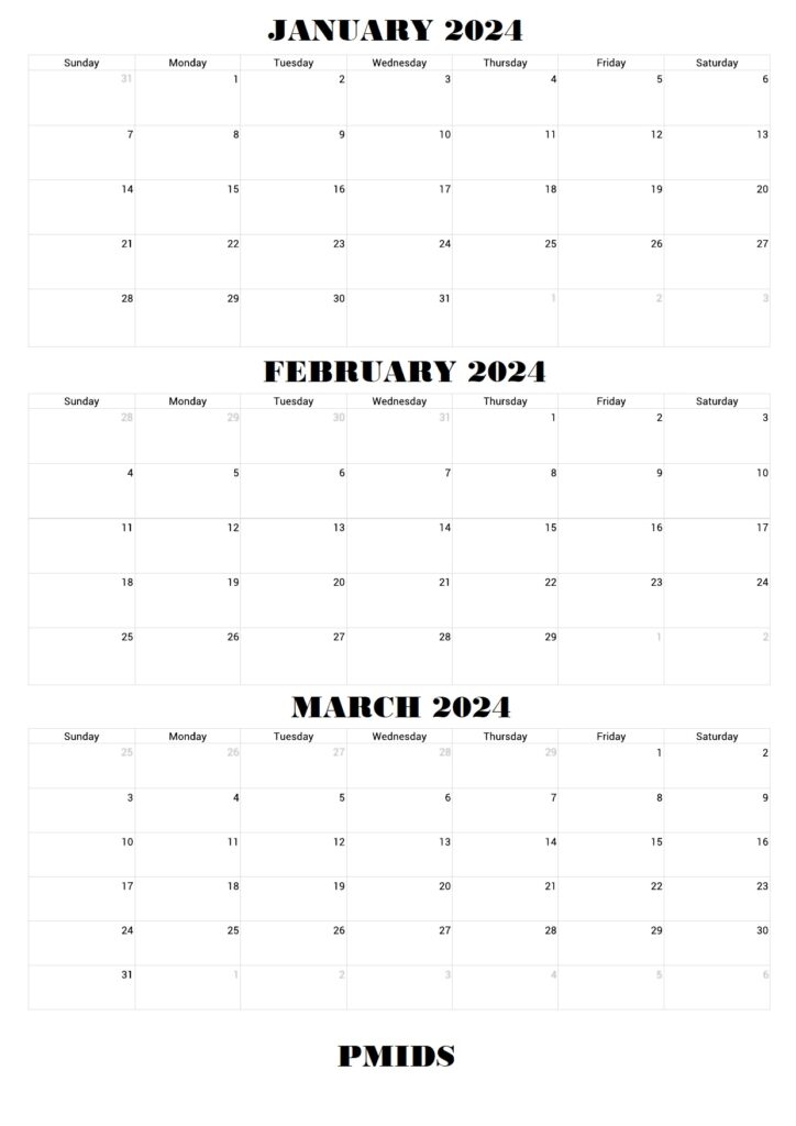 January To March 2024 Printable Calendar