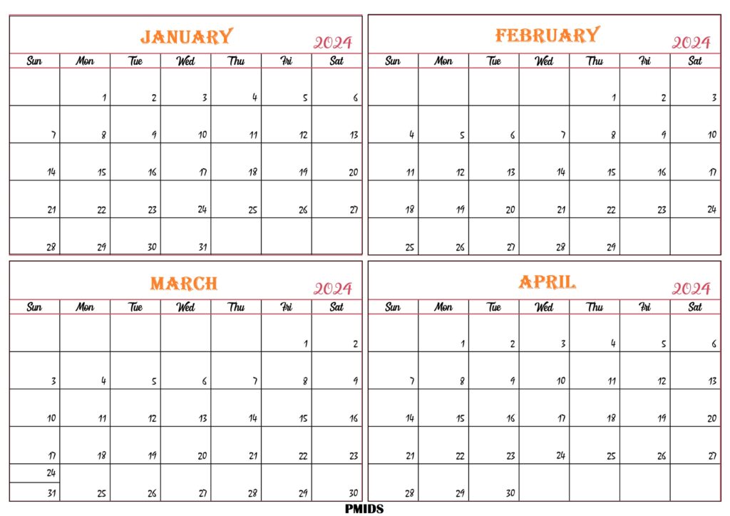 January to April 2024 Calendar Excel