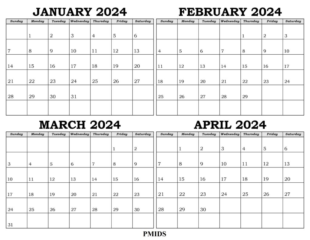 January to April 2024 Calendar PDF