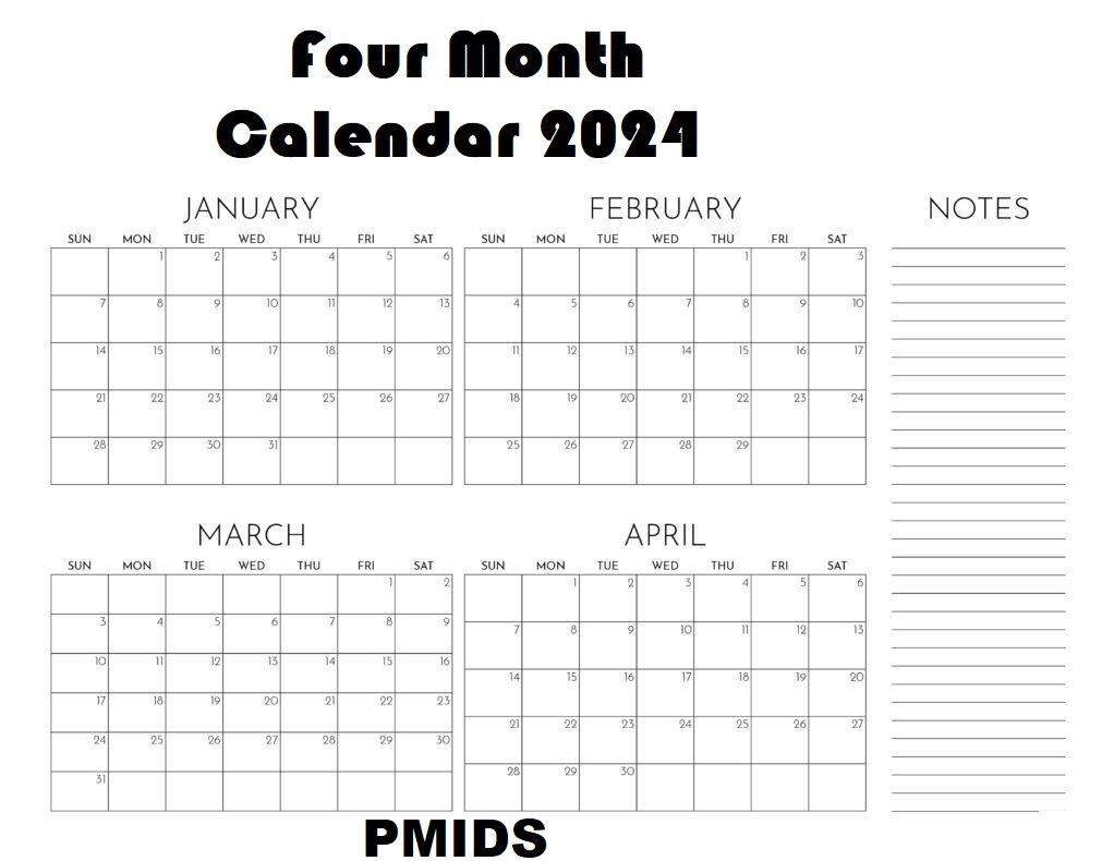 January to April 2024 Calendar Printable PDf