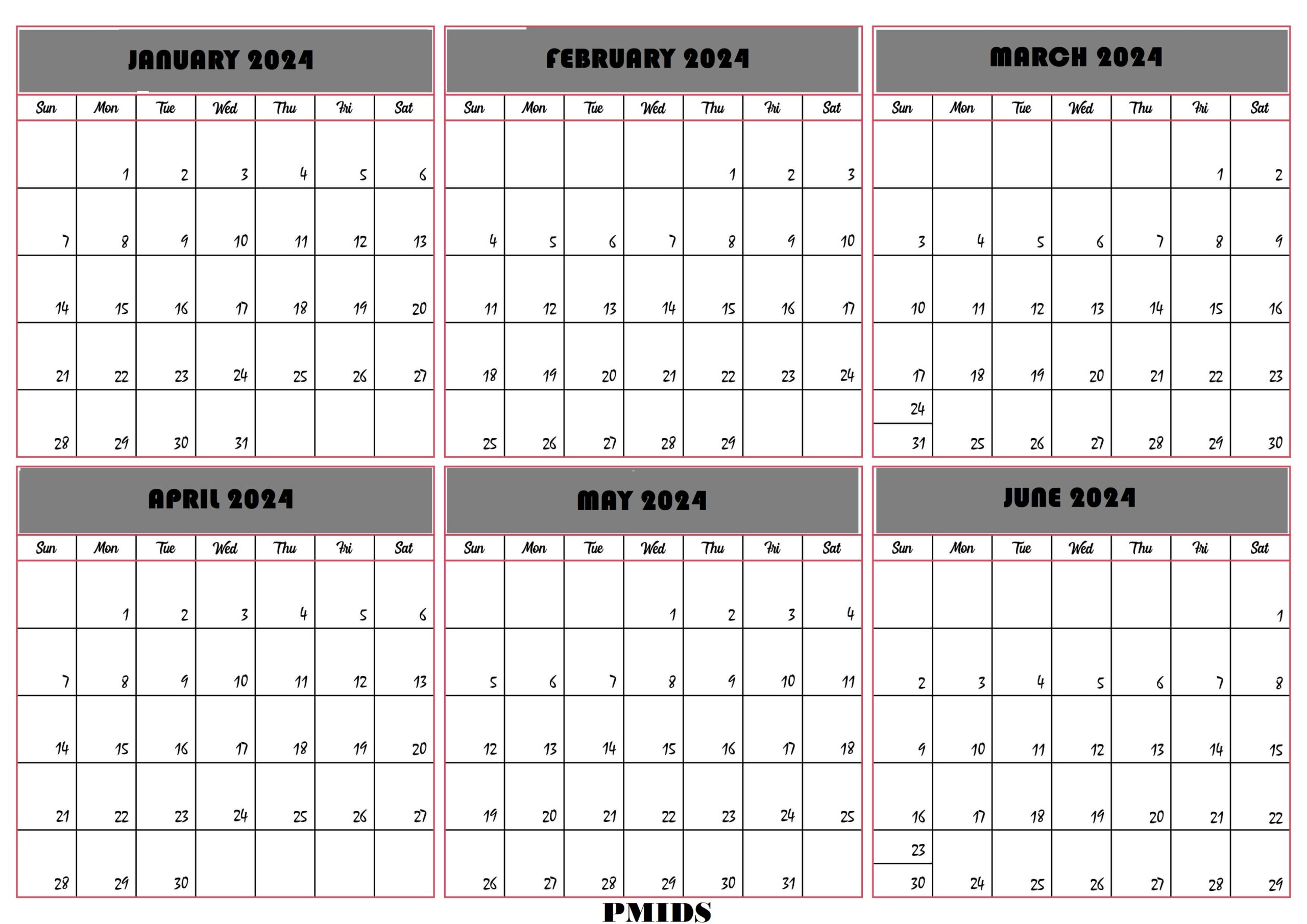 January to June 2024 Calendar Excel