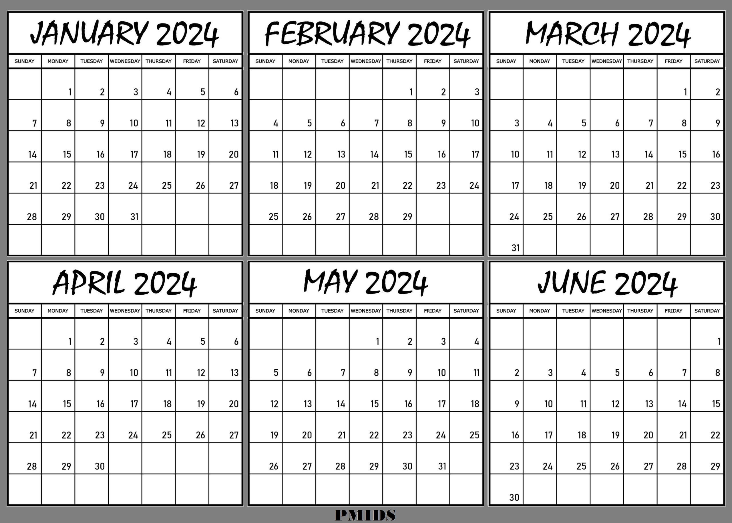 January to June 2024 Calendar Printable PDf