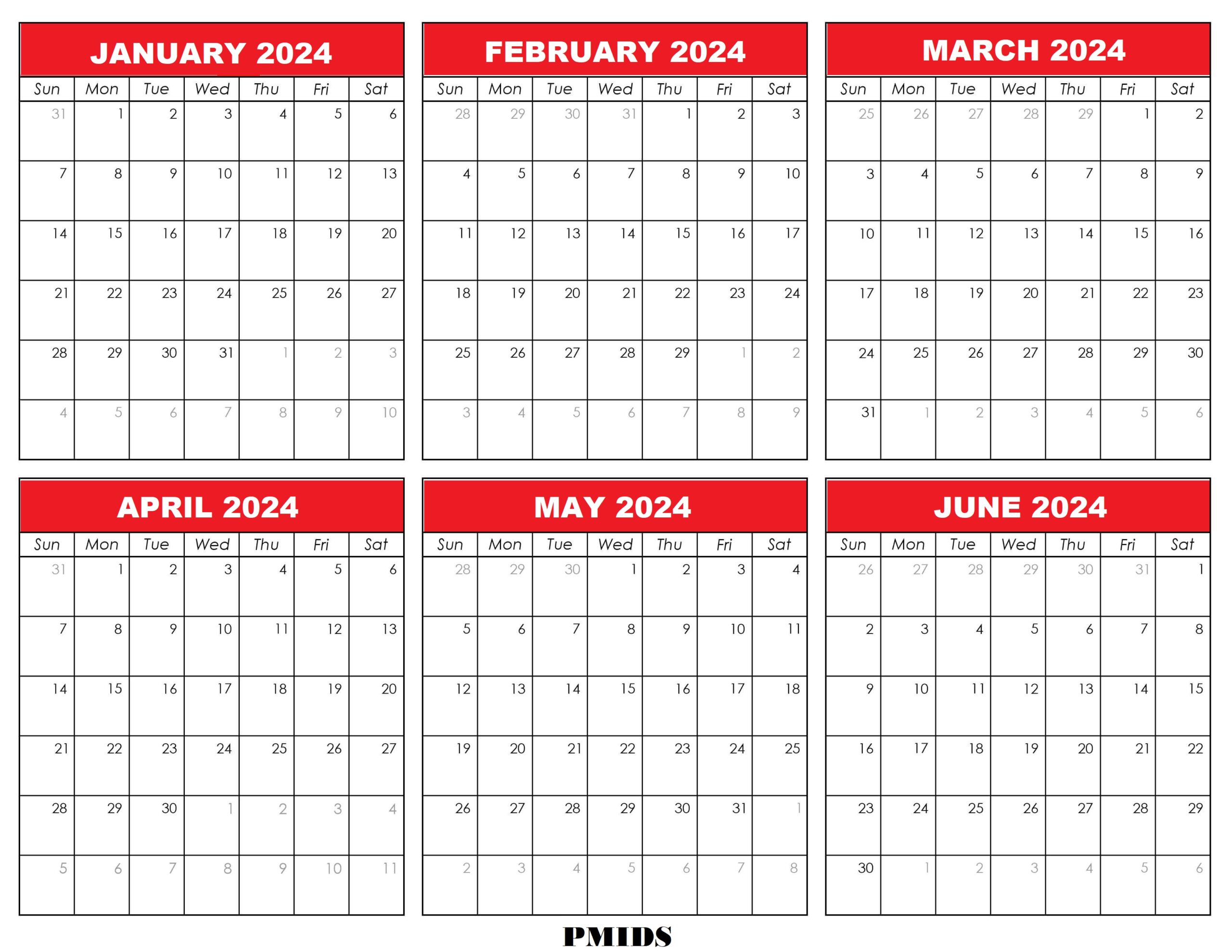 January to June 2024 Calendar Printable Template