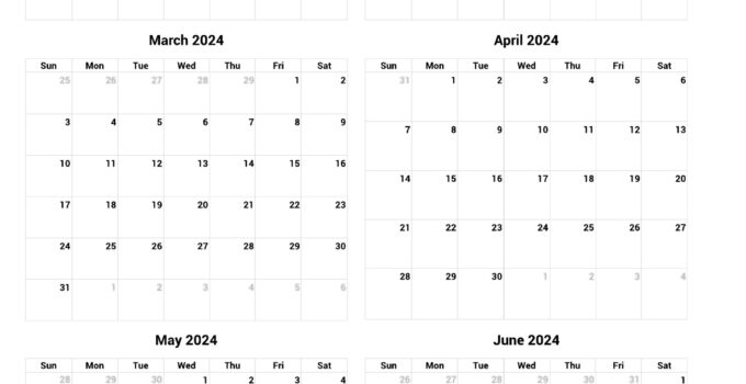 January to June 2024 Printable Calendar