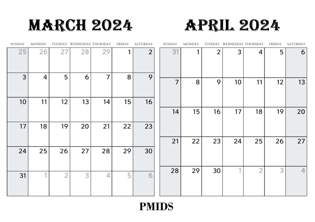 March April 2024 Calendar Printable PDf