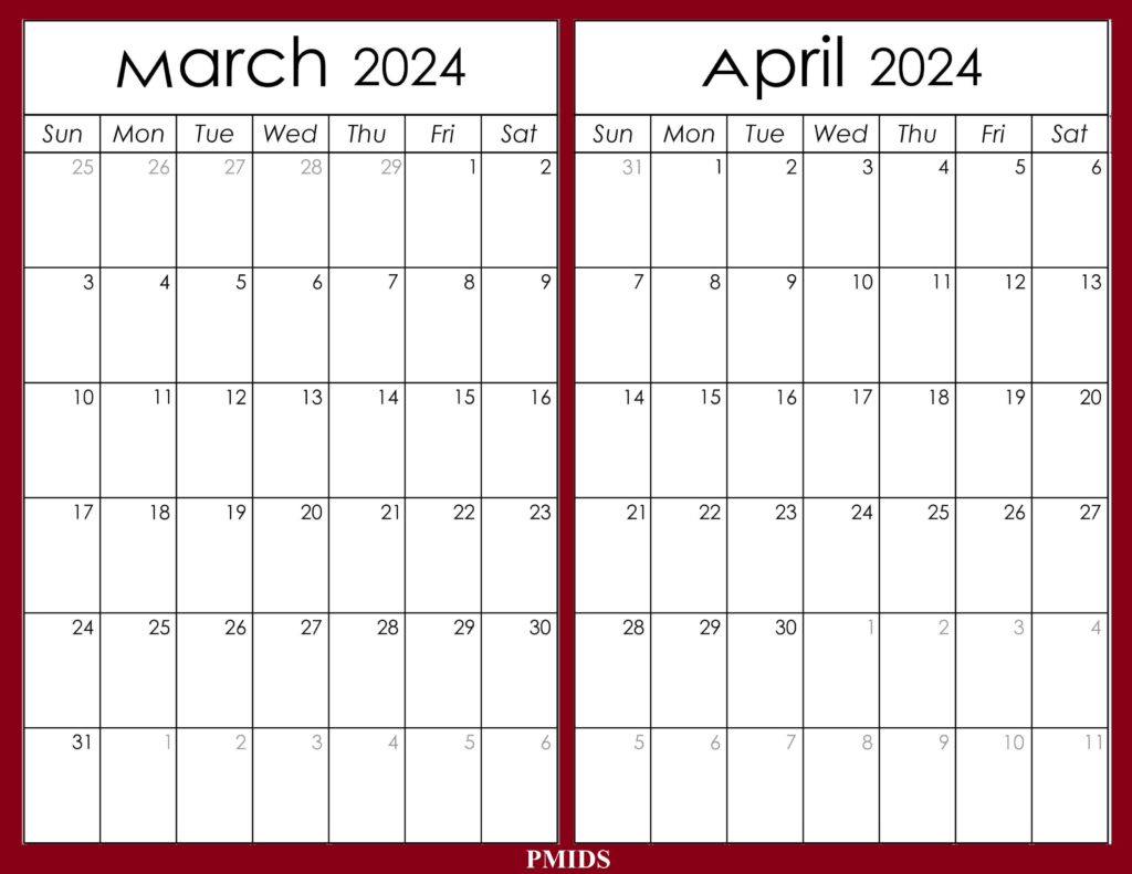 March April 2024 Calendar Printable Template