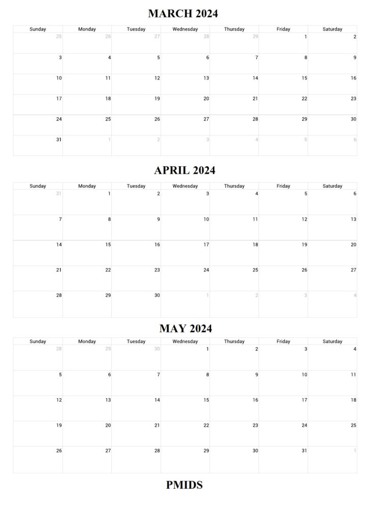 March To May 2024 Calendar Printable PDf
