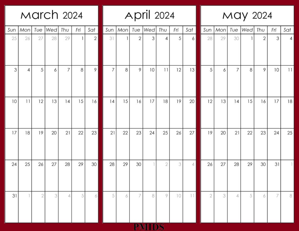 March To May 2024 Calendar Printable Template