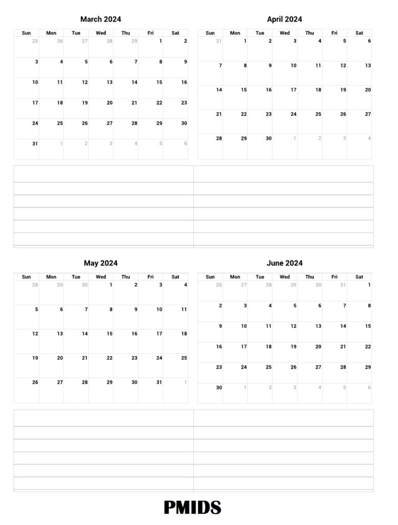 March to June 2024 Calendar Excel