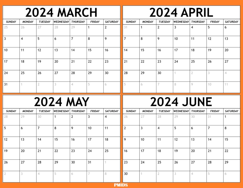March to June 2024 Calendar Printable PDf