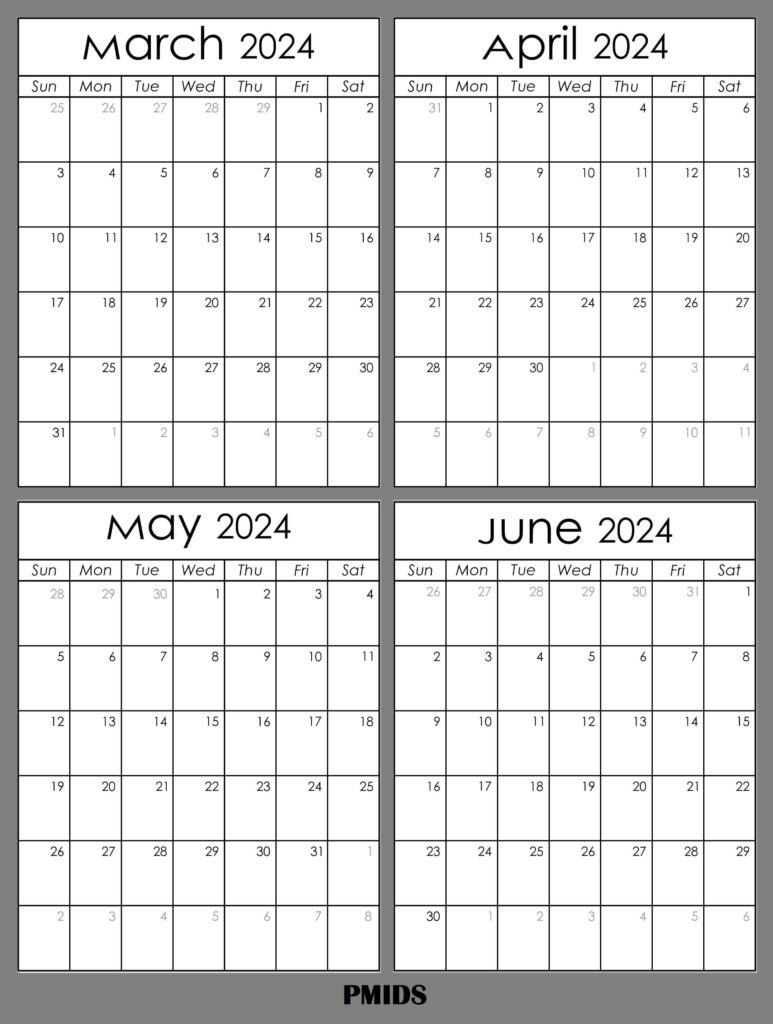 March to June 2024 Calendar Printable Template