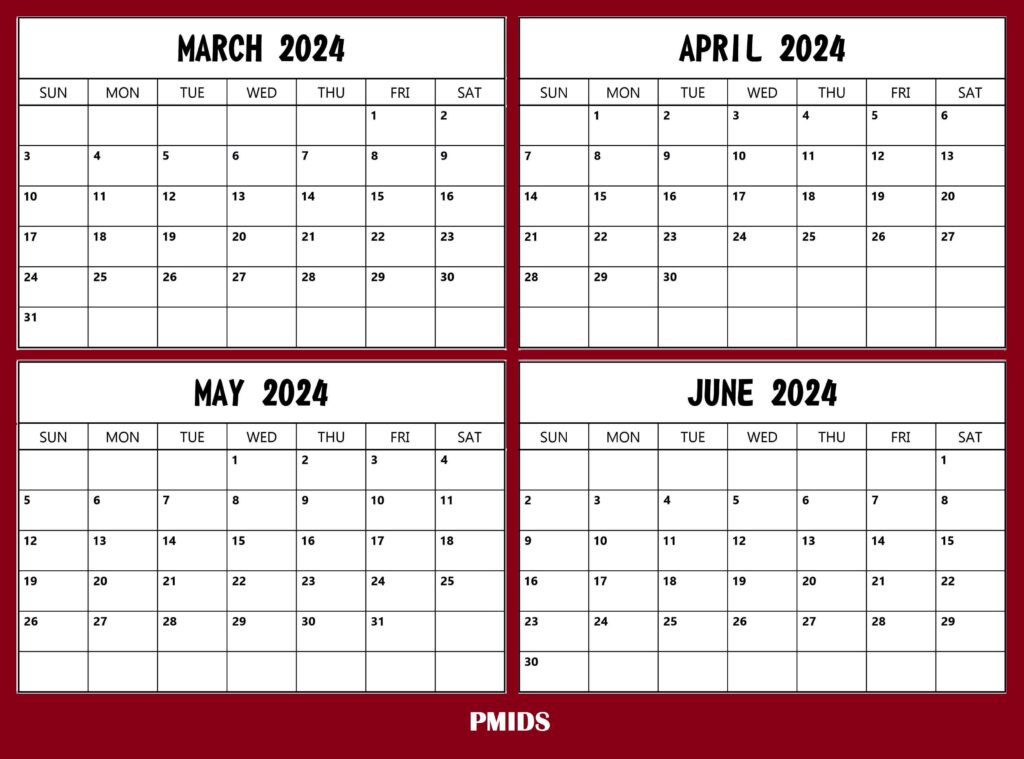 March to June 2024 Calendar Word