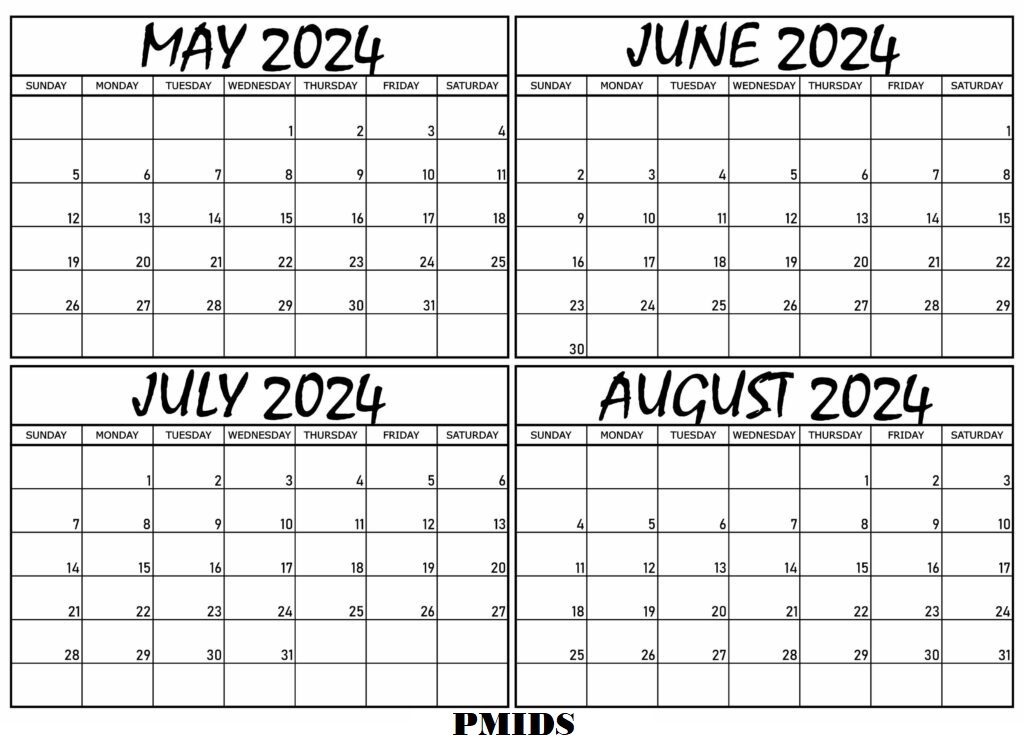 May To August 2024 Calendar Printable PDf