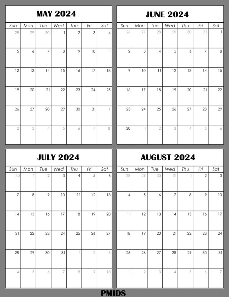 May To August 2024 Calendar Printable Template
