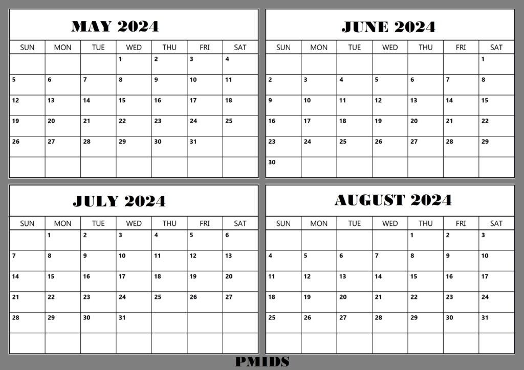 May To August 2024 Calendar Word