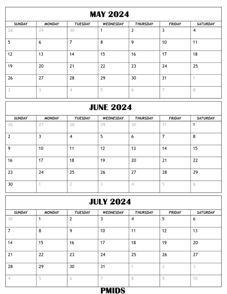 May to July 2024 Calendar Excel