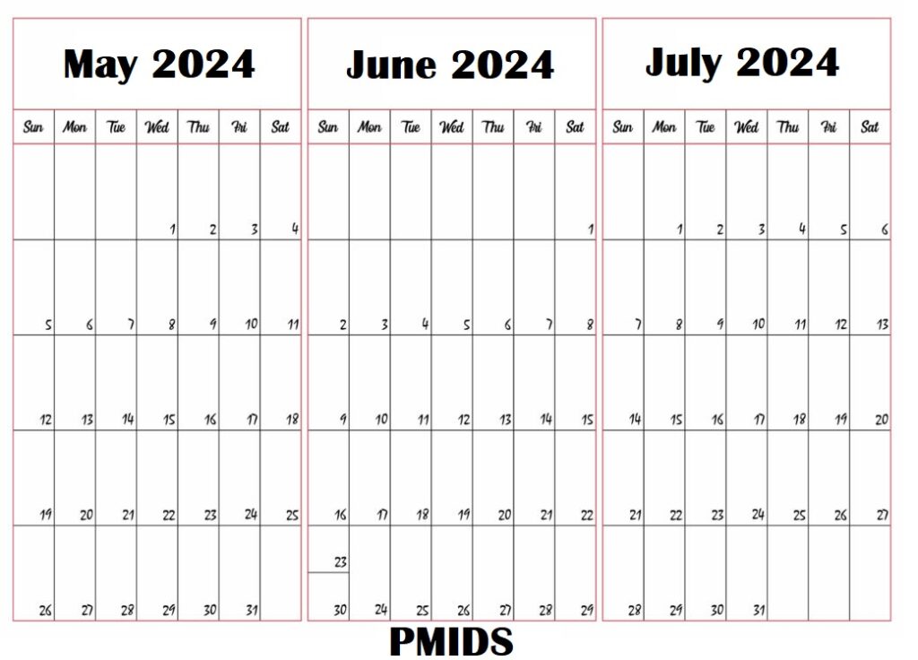 May to July 2024 Calendar Printable PDf