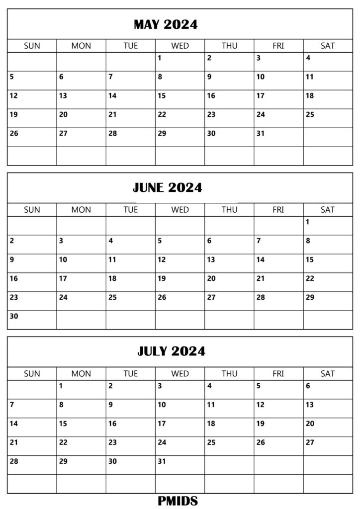 May to July 2024 Calendar Word