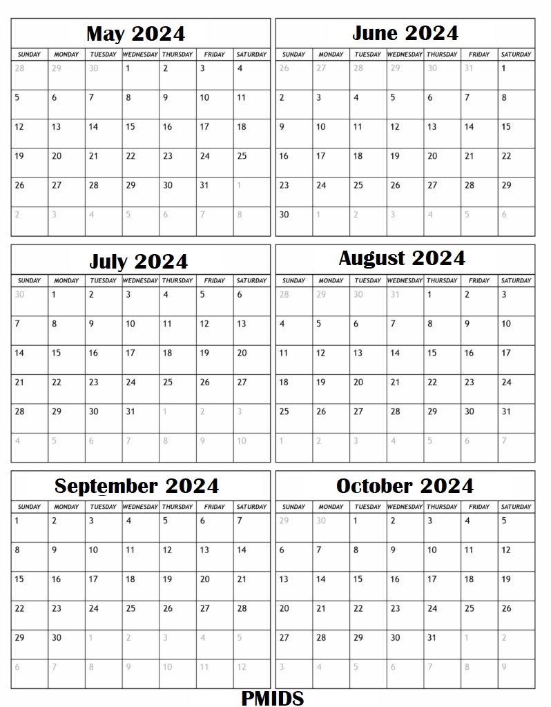 May to October 2024 Calendar Excel