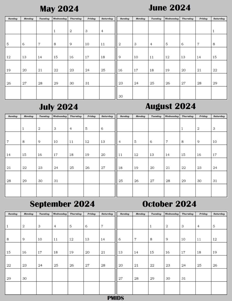 May to October 2024 Calendar PDF