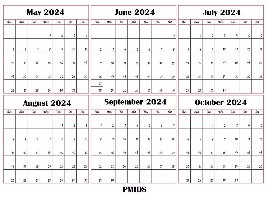 May to October 2024 Calendar Printable PDf