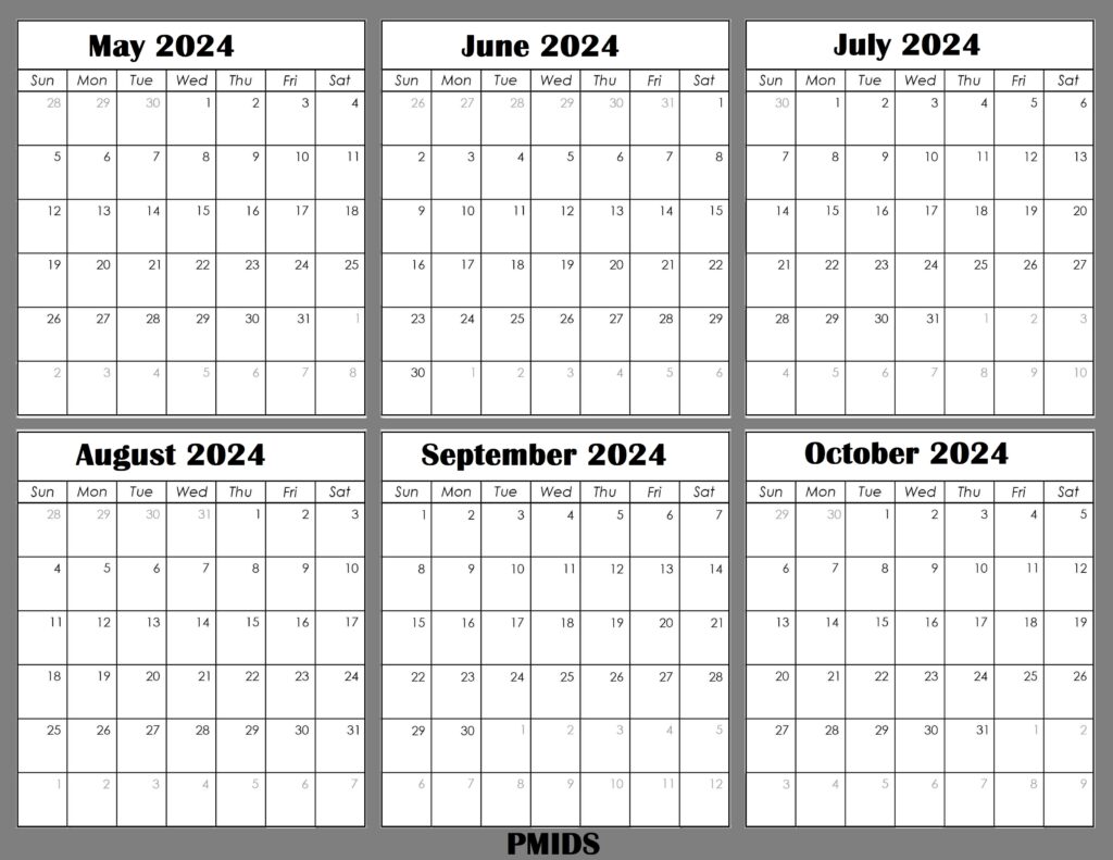 May to October 2024 Calendar Printable Template