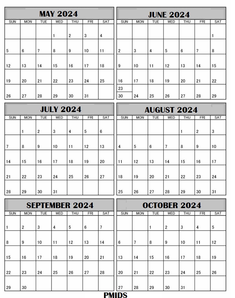 May to October 2024 Calendar Template